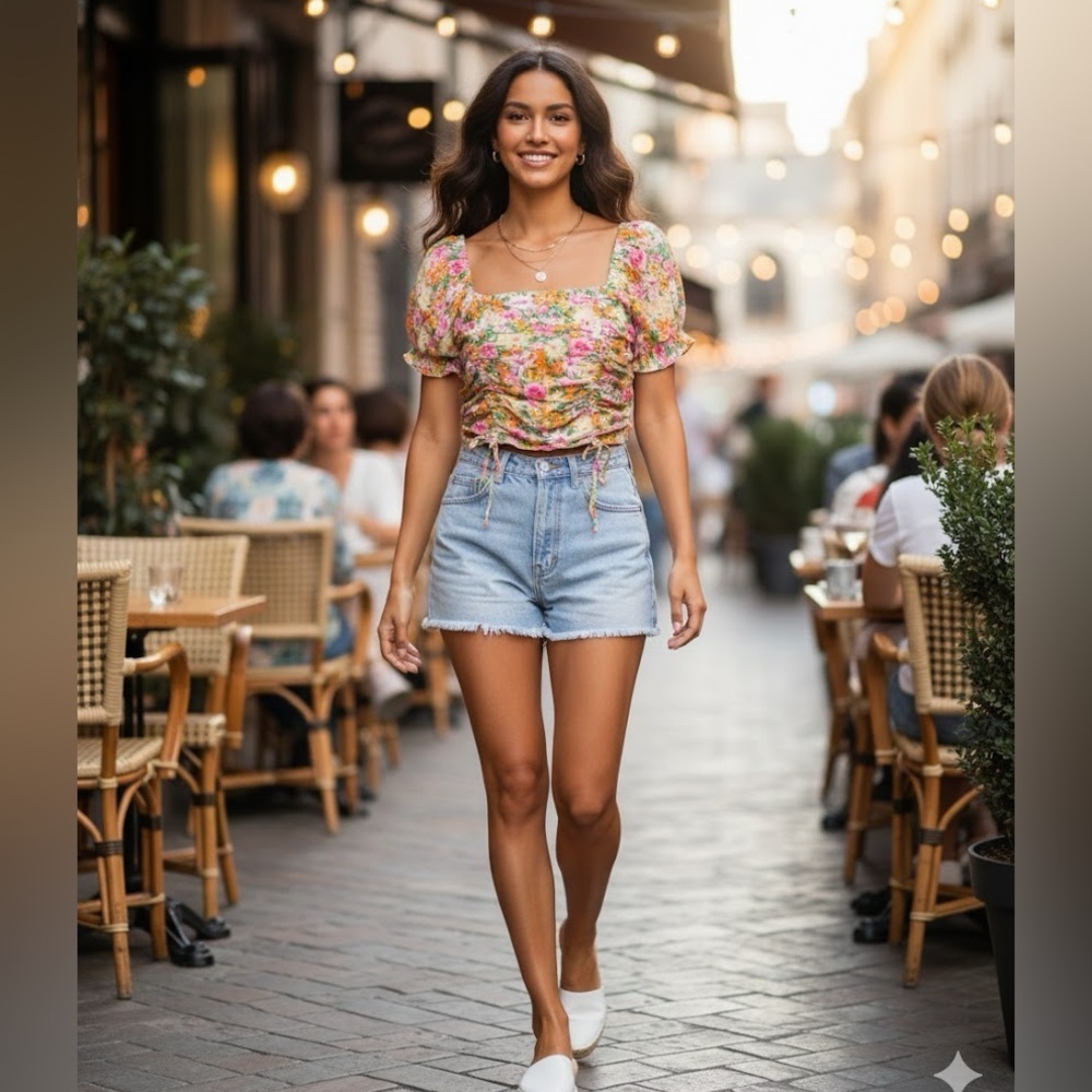 Derek Heart Pink and Yellow Puff Sleeve Crop Top